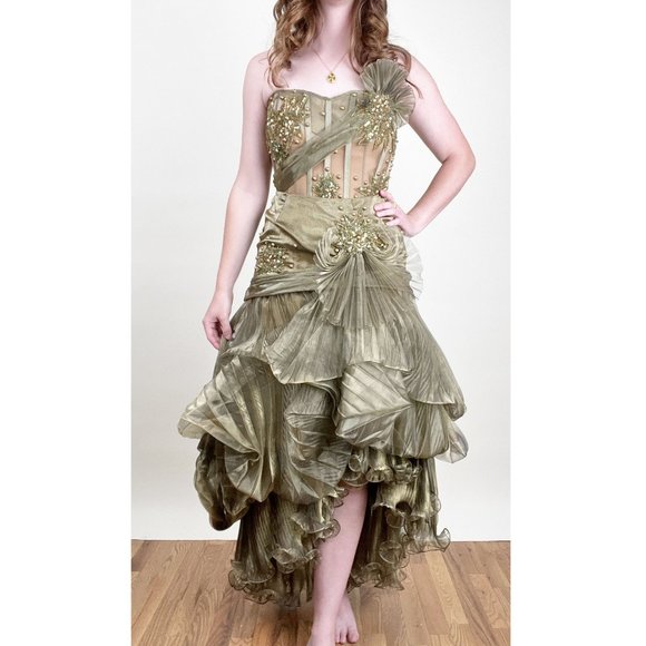 Vintage Mike Benet Gown Corset Skirt Ruffle Pleated Embroidered Beaded Formal - Picture 9 of 9